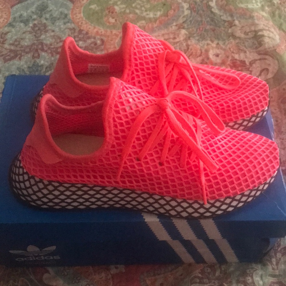 Adidas fluorescent red running shoes tennis shoes